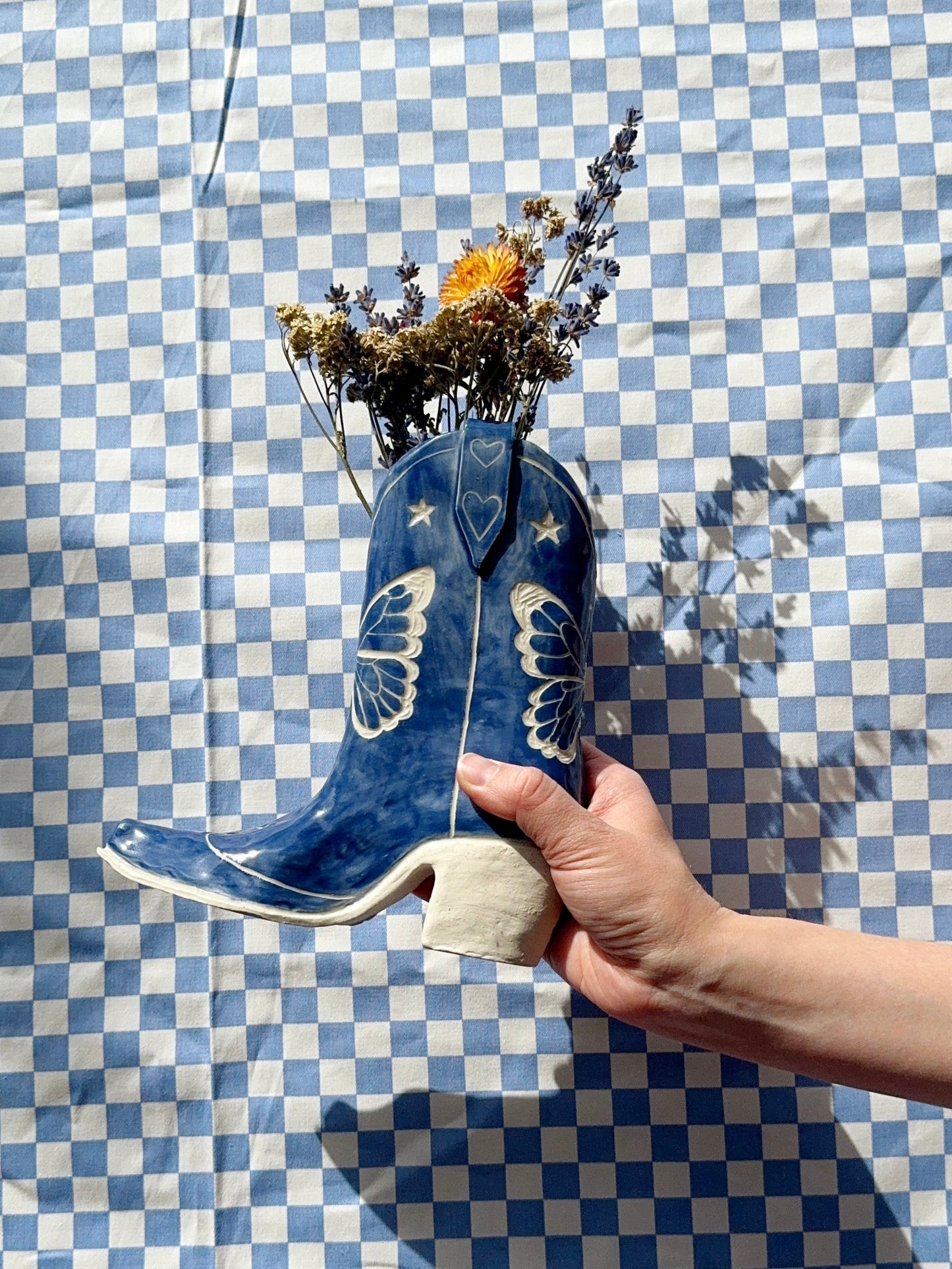 Blue Butterfly Cowboy Boot Vase