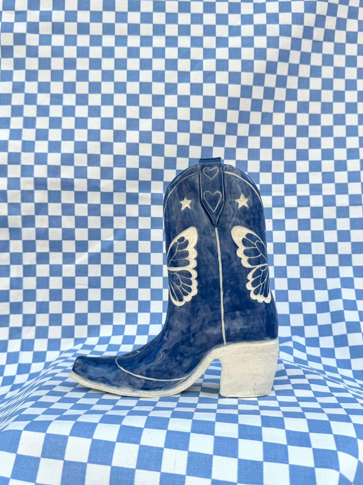 Blue Butterfly Cowboy Boot Vase