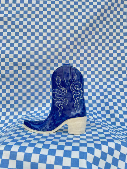 Cerulean Snakes Cowboy Boot Vase