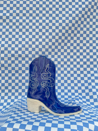 Cerulean Snakes Cowboy Boot Vase