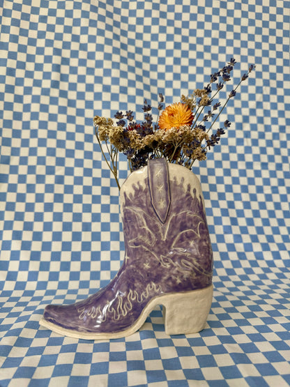 Lavender Flames Cowboy Boot Vase (*Flawed but Cute*)